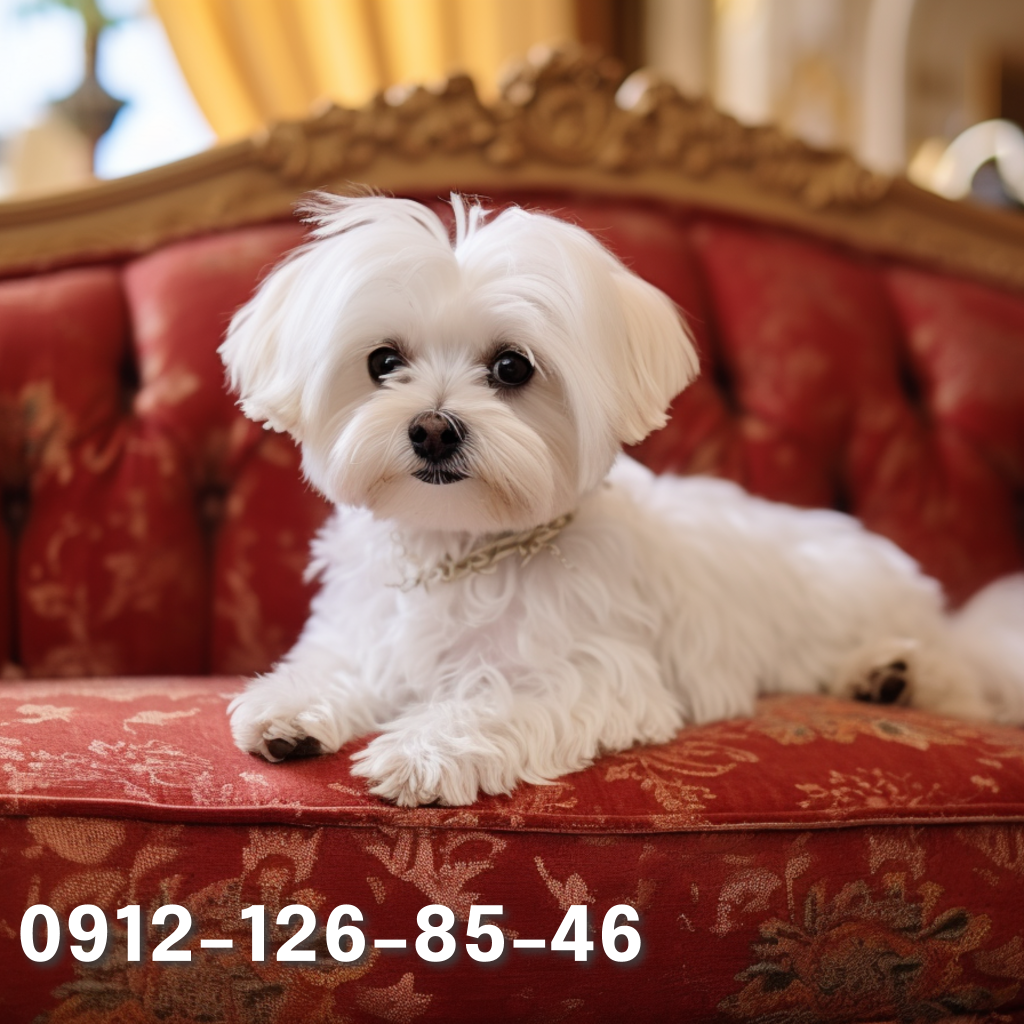 Cute Maltese dog with white fur sitting on a couch.